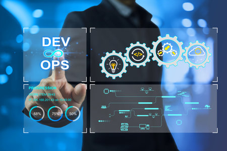 DevOps software development and IT operations, software engineer, project manager pointing on agile methodology, dev ops icon and javascript. Development Operations programming technology concept.の素材 [FY310207359731]