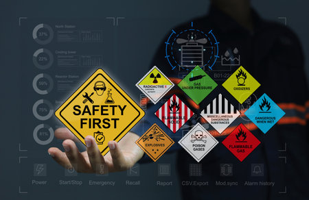 Working with machinery and hazardous chemicals must be safe and wear personal protective equipment. Safety first warning sign and hazardous chemicals in industrial plant in virtual control dashboardの写真素材