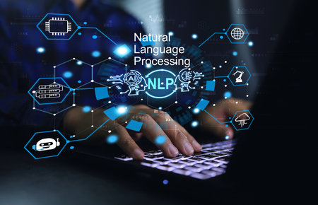Software developer work on virtual screen to NLP or natural language processing interfaces to communicate with machines learning and data transfer through applicationsの写真素材