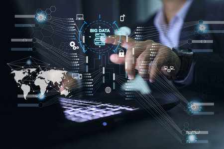 Businessman working on big data digital diagram, finacial business marketing analytic complex data...