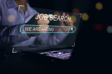 Handful in white shirt working men expressing joy due to successful job search and job finding work on dark background. job finding we are hiring concept.の写真素材