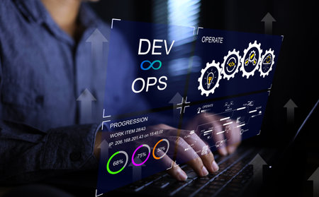 DevOps software developer IT operation engineer work with agile gestures as programer development concept with dev and ops icon computer screen project manager operation sysadmin typing on keyboardの写真素材