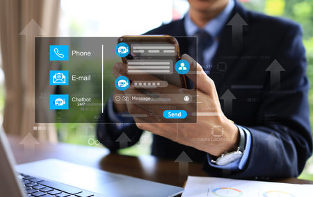 Customer chat with service team via smartphone. Chatbot conversation concept. Virtual assistant CRM...