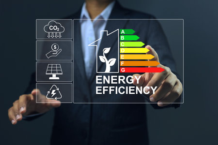 The man pointed to the home's energy efficiency rating label, which reflects the energy efficiency of residential home and the decision to buy it as a value. tree in house representing the cool houseの写真素材