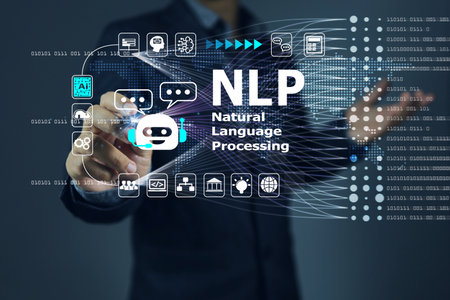 Businessman work on virtual NLP or natural language processing interfaces to communicate with machines through applicationsの写真素材