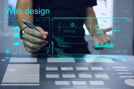 Website designer Creative planning application development draft sketch drawing template layout framework design studio . User experience design https www. Web page design conceptの写真素材