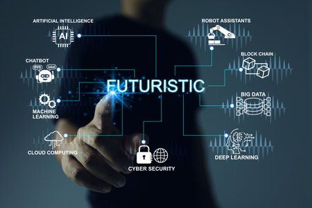 Man pointing on futuristic technology concept such as cloud computing AI machine learning deep...