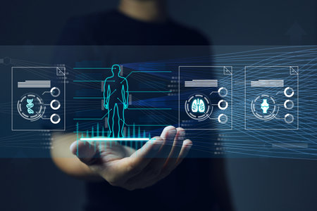 Hospital provide medical health checkup reports through virtual screens or medical information accessed by technology makes treatment more efficient and doctor advice easily accessible to patients.の写真素材
