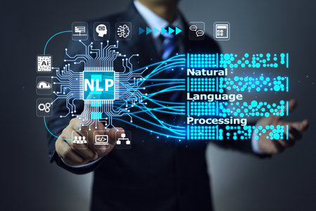 Businessman touch NLP or natural language processing interfaces on virtual screen to communicate with machines through applications in modern industries and digital data  transformationの写真素材