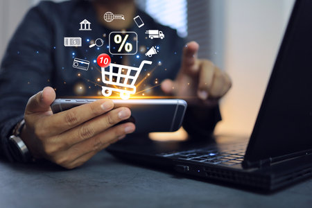 Customer add products to card while smartphone online shopping . e-commerce marketing supplier offer discount and free shipping delivery to home. Marketplace platform and digital marketing conceptの写真素材