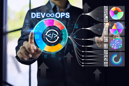 Devops engineer data scientist or programmer, uses his hand to point at a data chart to create software development code and gather data from big data to use build applications for test and deploymentの写真素材