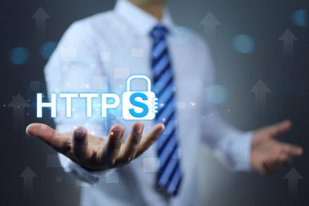 https secured internet concept. Businessman or programmer holding address security website on hand...