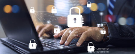 Banner of businessman using password to unlock computer screen to access sensitive data and cyber...
