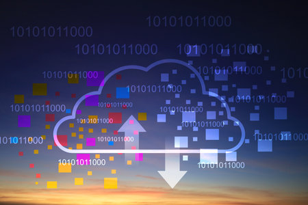 Digital data upload and download via cloud computing on orange evening sky background.