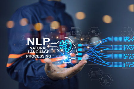 AI controlled design engineers are using NLP or natural language processing to communicate with robot computer programs or data to deploy code before use in industrial applications.の写真素材
