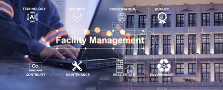 Banner of engineer supervisor technical person in reflective jacket monitoring on laptop to a facility management. Real estate maintenance management on site service with ai technology.の写真素材