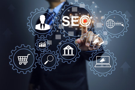 SEO search engine optimization concept, businessman pointing on gear process with data analytic or customer journey on internet or e commerce online marketing platform to business strategyの写真素材