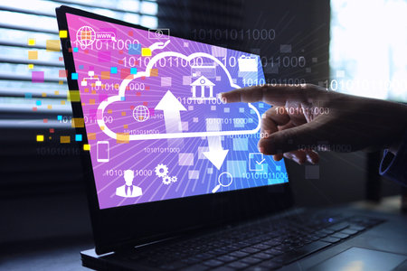 Businessman using laptop with cloud computing system for transfer data information and upload...