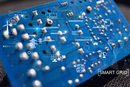 electric power Industry with circuit board background process on smart grid. Industrial and smart...