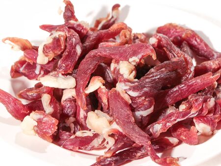 Red dry beef Placed on a white plateの写真素材
