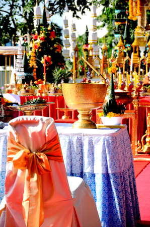 Table set of holy water bowl in marquee ceremony の写真素材