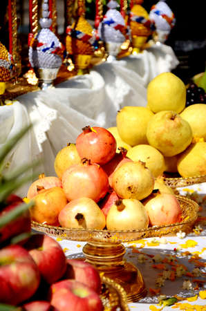Pomegranates and pears in beautiful displayed.の写真素材