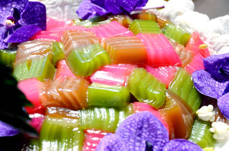 Thai dessert displayed on beautiful tray with pedestal.の写真素材