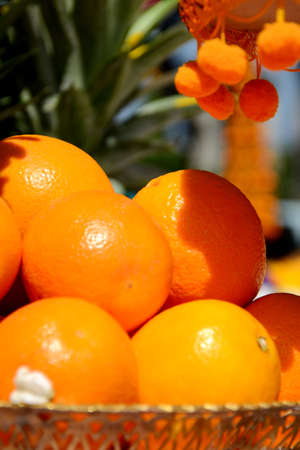 Australian golden oranges displayed on tray の写真素材