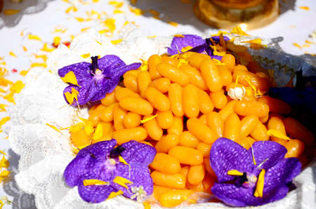 Thai dessert displayed on beautiful tray with pedestal 