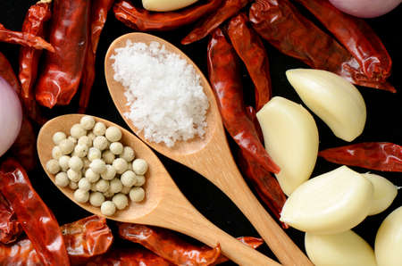 Teaspoons of white pepper and salt with dried chilli background の写真素材