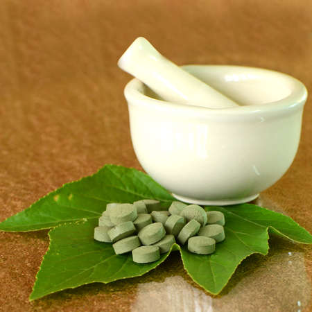 Herbal medicine tablets and the medicine grinder の写真素材