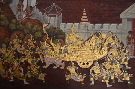 Thai mural painting with tempera colors and gilding 