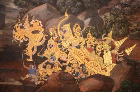 Thai mural painting with tempera colors and gilding のeditorial素材