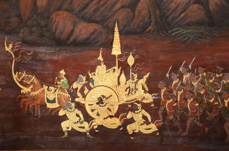 Thai mural painting with tempera colors and gilding のeditorial素材