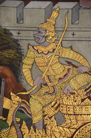 Thai mural painting with tempera colors and gilding のeditorial素材