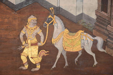 Thai mural painting with tempera colors and gilding のeditorial素材
