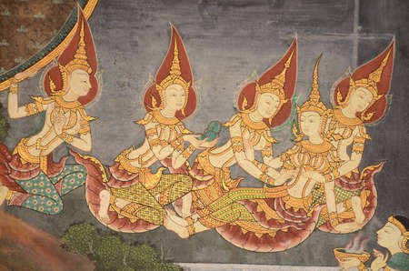 Thai mural painting with tempera colors and gilding のeditorial素材