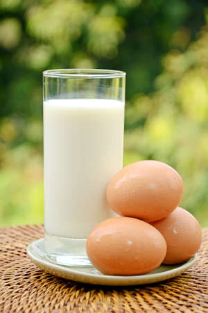 A glass of fresh milk and organic fresh eggs, simple and good protein and calcium diet source の写真素材