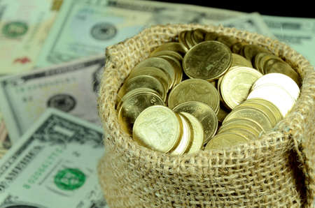Gold Coins in Burlap Sack with Dollar Banknotes in Financial Concept の写真素材