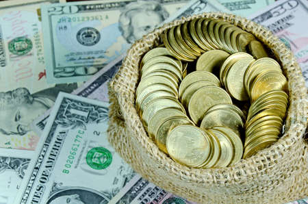 Gold Coins in Burlap Sack with Dollar Banknotes Backgroundの写真素材