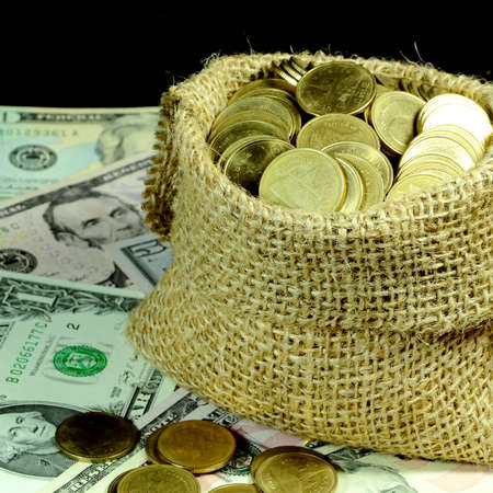 Gold Coins in Burlap Sack with Dollar Banknotes Backgroundの写真素材