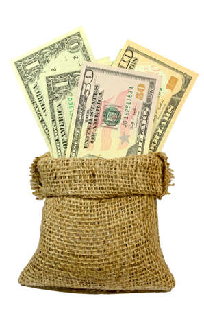 Dollar Banknotes in Burlap Sack Isolated on White Backgroundの写真素材