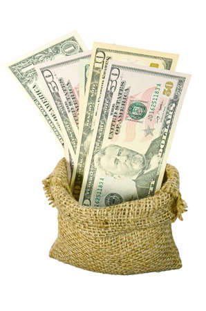 Dollar Banknotes in Burlap Sack Isolated on White Backgroundの写真素材