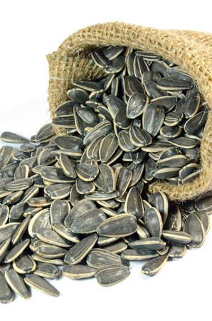 Little sack of dried sunflower seeds on white background の写真素材