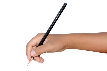 Right hand holding black pencil isolated on white の写真素材