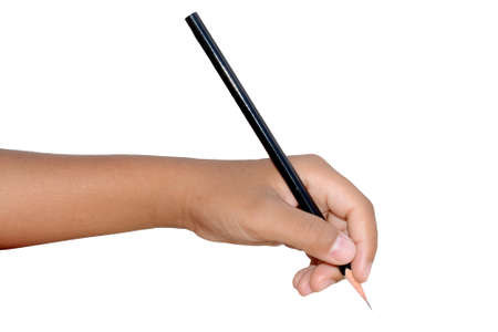 Left hand holding black pencil isolated on white の写真素材