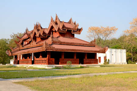 Luxury Wood Building in Ancient Myanmar Art Style, a Part of Mandalay palace, the Historic Landmark of Mandalay City in Myanmar のeditorial素材