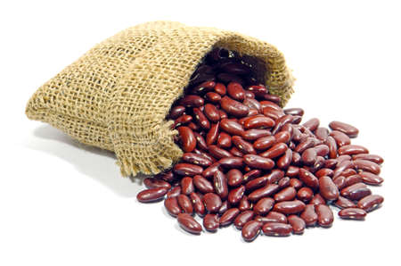 Little sack of kidney beans  Phasiolus vulgaris L   on white background の写真素材