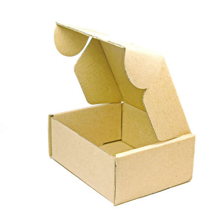 Recycled brown paper box isolated on white background in concept of reduce, reuse and recycle for saving the forests の写真素材