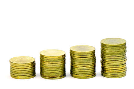 Stack of Ancient Gold Coins Isolated on White Background の写真素材